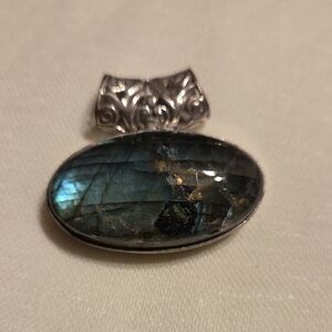 Labradorite Oval Silver Pendant - Blue-Green Flash
